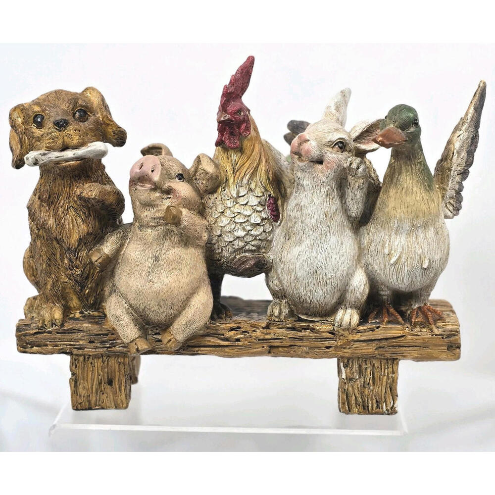 Sculpture Dog Pig Rooster Rabbit Whimsical Farm Animal Friends On Bench Resin